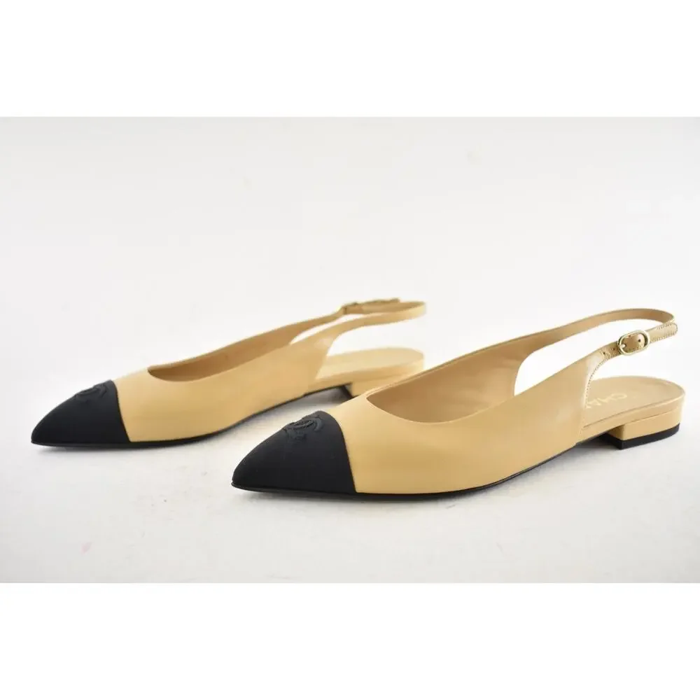 Chanel 24A Beige Leather Black CC Logo Coco Slingback Pointed Ballet Flat 38.5 - Picture 14 of 16